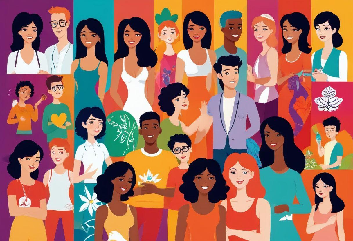 A vibrant, artistic collage illustrating the fusion of adult animation and sexual wellness. Include playful, stylized characters from various animated genres engaged in health education activities, surrounded by informative graphics about sexual health. The background should feature dynamic colors and elements symbolizing well-being and joy. Emphasize inclusivity and positivity in representation. vibrant colors. vector art.