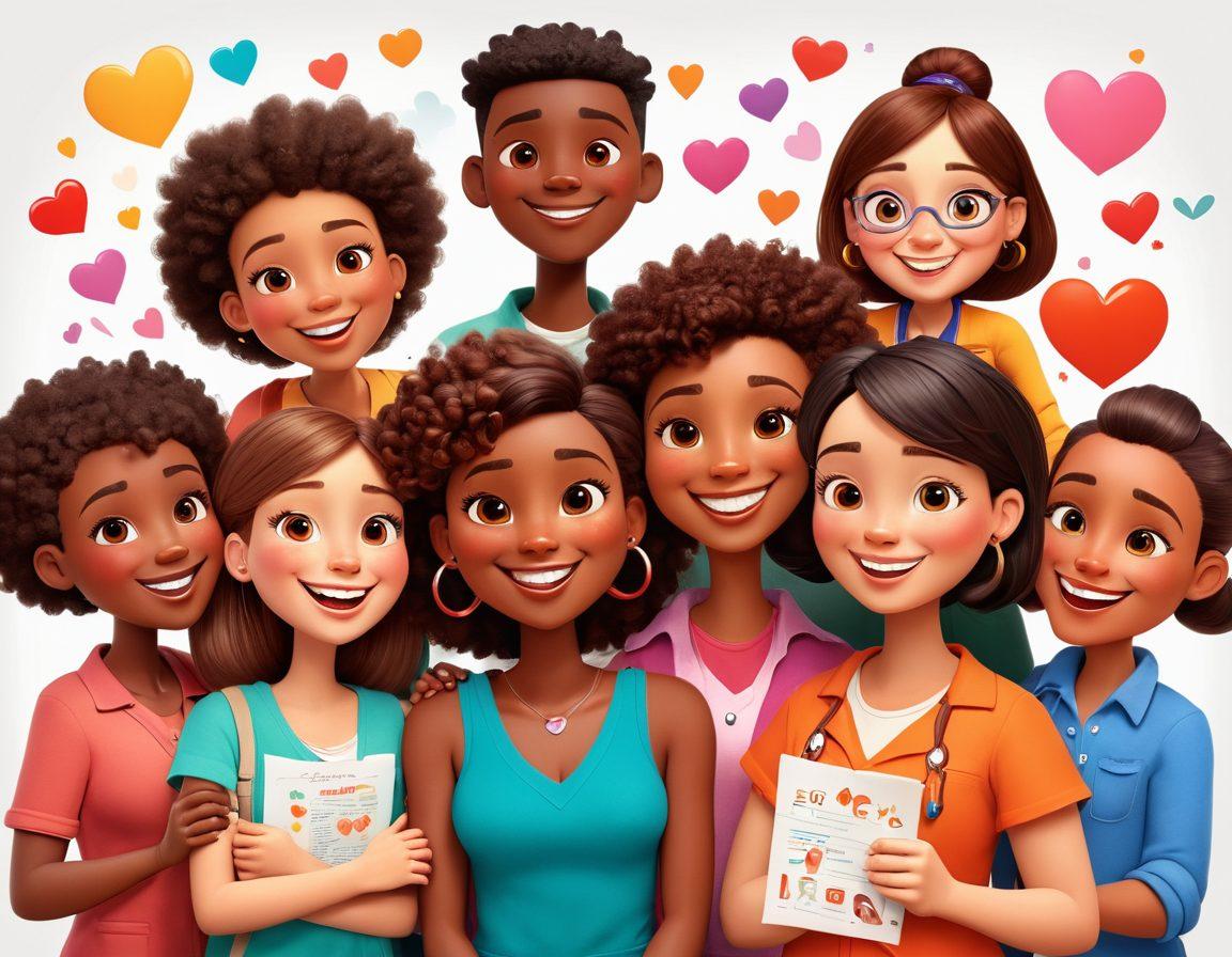 A colorful scene depicting diverse animated characters engaging in safe intimacy practices, surrounded by educational graphics about sexual health. Include whimsical elements like heart-shaped icons and checklists to illustrate safety tips. The background should be playful yet informative, showcasing a balance between fun and education in a light-hearted manner. The characters should exude positivity and consent. vibrant colors. cartoon style. white background.